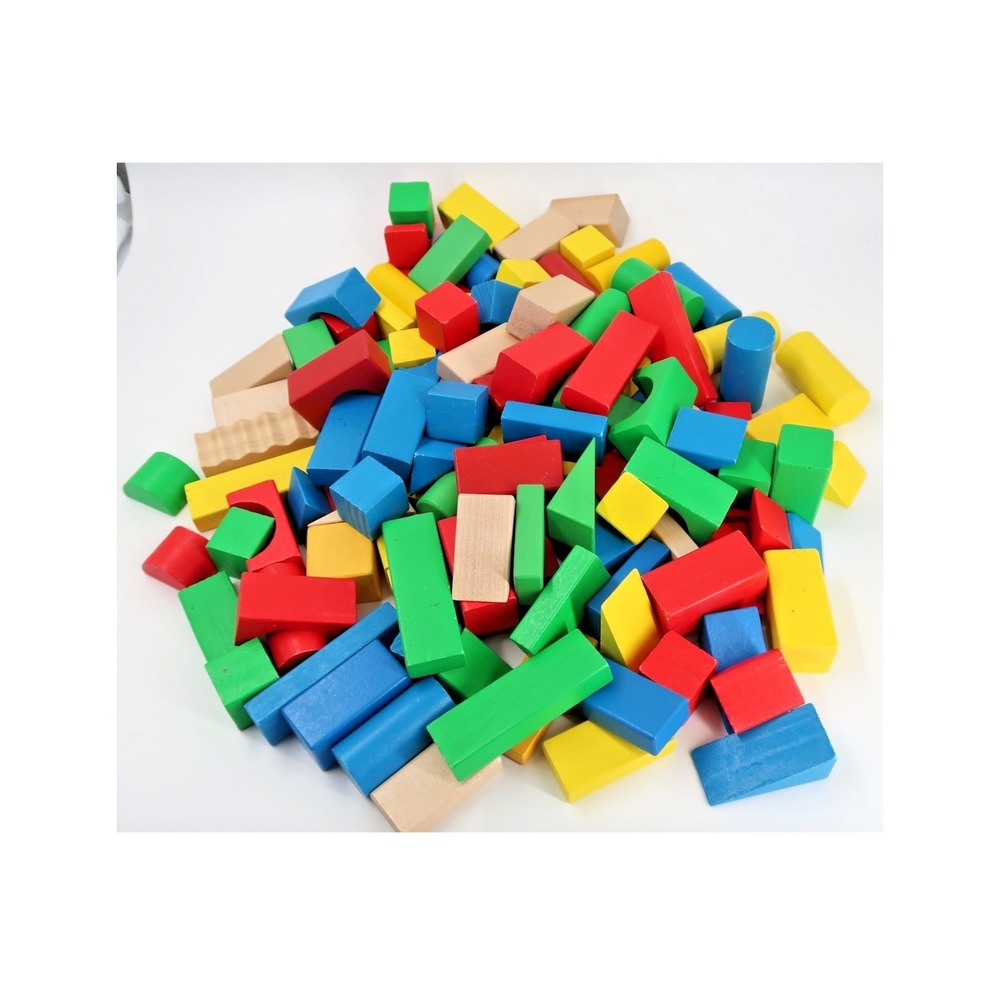 Wooden Building Blocks Set Assorted Shapes Colors Educational Toy Toddler Kids